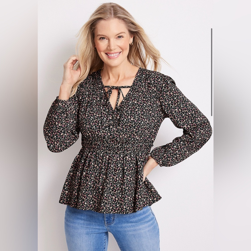 Maurices Floral Peplum Top Plus Size XXL 2X V Neck Smocked Waist Neck Tie